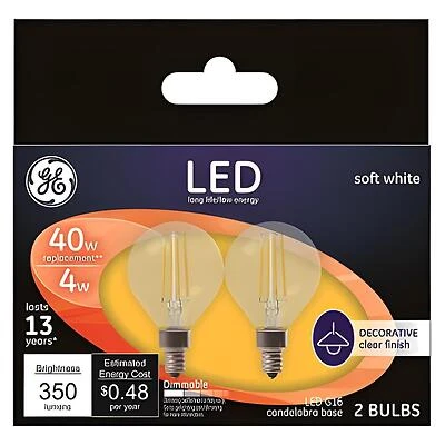 GE 24535 LED Bulb, Decorative, G16.5 Lamp, 40 W Equivalent, E12 Candelabra Lamp Base, Dimmable, Clear, Soft White Light