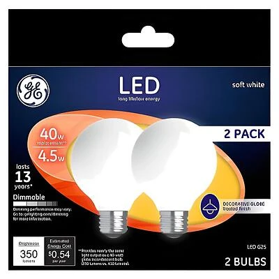 GE Industrial Solutions 24954 LED Bulb, 120 V, 350 Lumens, 4.5 W, G25 Lamp, 40 W Equivalent, E26 Lamp Base, Dimmable