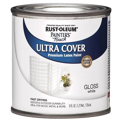 Rust-Oleum 1992730 Painter's Touch Ultra Cover Latex Paint, White Gloss, 1/2-Pt.