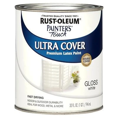 Rust-Oleum 1992502 Painter's Touch Gloss Latex Paint, White, 1-Qt.