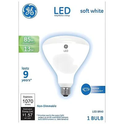 GE 24261 LED Bulb, Flood/Spotlight, BR40 Lamp, 85 W Equivalent, E26 Medium Lamp Base, Non-Dimmable, White