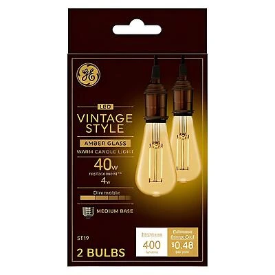 GE 42194 Light Bulb, Vintage, ST19 Lamp, 40 W Equivalent, Medium (E26) Lamp Base, Dimmable, Amber, Warm White Light