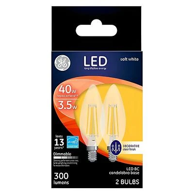 GE 23155 LED Bulb, Decorative, BC Lamp, 40 W Equivalent, E12 Lamp Base, Dimmable, Soft White Light, 2700 K Color Temp