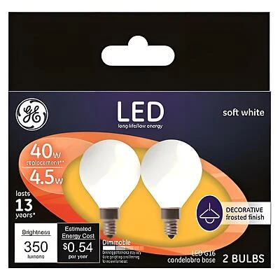 GE 25046 LED Bulb, Decorative, 350 Lumens, 4.5 W, G16 Lamp, 40 W Equivalent, E12 Lamp Base, Dimmable, Soft White