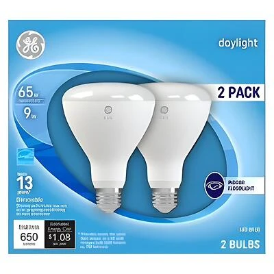 GE 93129771 Light Bulb, BR30 Lamp, 65 W Equivalent, E26 Medium Lamp Base, Dimmable, Frost, Daylight Light