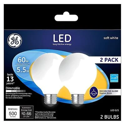 GE 25016 LED Bulb, Globe, G25 Lamp, 60 W Equivalent, E26 Medium Lamp Base, Dimmable, White, Soft White Light