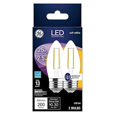 GE 22589 LED Bulb, Decorative, B11 Lamp, 25 W Equivalent, E26 Medium Lamp Base, Dimmable, Clear, Soft White Light