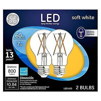 GE 93098656 Light Bulb, General-Purpose, A19 Lamp, 60 W Equivalent, Medium Lamp Base, Dimmable, Clear, Soft White Light
