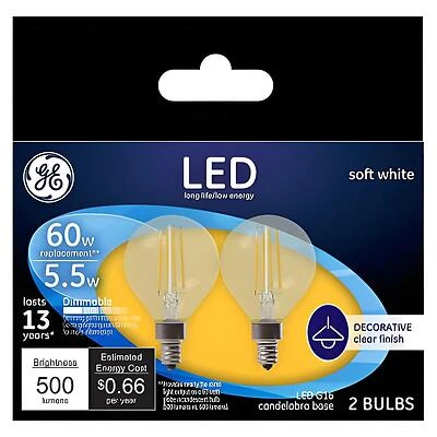 GE Industrial Solutions 24547 LED Bulb, Globe, G16 Lamp, 60 W Equivalent, E12 Lamp Base, Dimmable, Clear