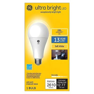 GE Ultra Bright 93129366 Light Bulb, A23 Lamp, 150 W Equivalent, Medium (E26) Lamp Base, Dimmable, Soft White Light