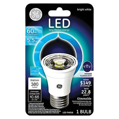 GE 26384 LED Bulb, Flood/Spotlight, PAR16 Lamp, 60 W Equivalent, GU10 Lamp Base, Dimmable, Warm White Light