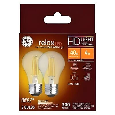 GE Relax 31313 Replacement Bulb, A15 Lamp, 40 W Equivalent, Medium (E26) Lamp Base, Dimmable, Clear, Soft White Light