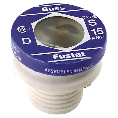 Bussmann S Series BP/S-15 Plug Fuse, 15 A, 125 V, 10 kA Interrupt, Plastic Body, S, Low Voltage, Time Delay Fuse