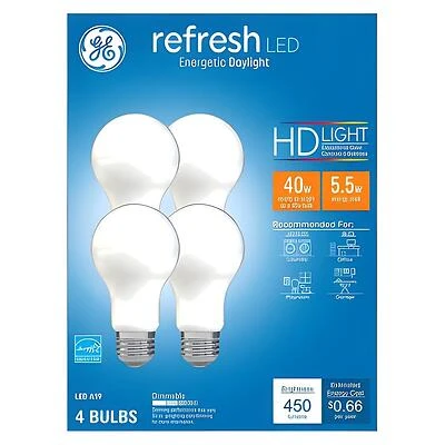 GE 93129429 LED Bulb, A19 Lamp, 40 W Equivalent, E26 Medium Lamp Base, Dimmable, Frost, Daylight, 5000 K Color Temp