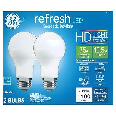GE 93129422 LED Bulb, A19 Lamp, 75 W Equivalent, Medium Lamp Base, Dimmable, Frosted, Daylight Light, 5000 K Color Temp