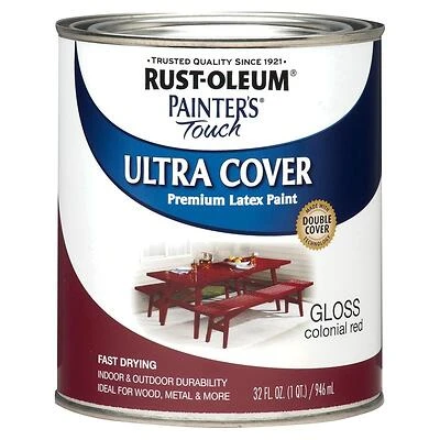 Rust-Oleum 1964502 Painter's Touch Ultra Cover Latex Paint, Gloss, Colonial Red, 1 Qt