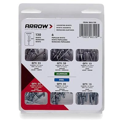 Arrow RK6120 Pop Rivet Assortment Pack, 1/8 to 1/2 in L, Aluminum/Steel