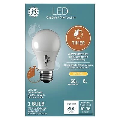 GE LED+ Timer Light Bulb, A19, Dusk-to-Dawn, Soft White, 8W
