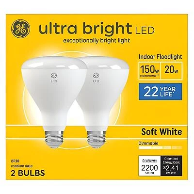 GE 93130933 LED Light Bulb, BR30 Lamp, 150 W Equivalent, E26 Medium Lamp Base, Dimmable, Soft White Light