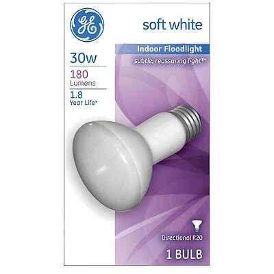 GE 14891 Light Bulb, 30 W, R20 Lamp, E26 Medium Lamp Base, 180 Lumens, 2600 K Color Temp, Soft White Light