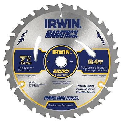 Irwin Marathon 24030 Circular Saw Blade, 7-1/4 in Dia, 5/8 in Arbor, 24-Teeth, Carbide Cutting Edge