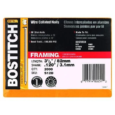 Bostitch S12D-FH Framing Nail, Wire Collation, 3-1/4 in L, Steel, Coated, Round Head, Smooth Shank, 2000/PK