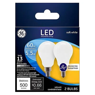 GE Industrial Solutions 24949 LED Bulb, General Purpose, A15 Lamp, 60 W Equivalent, E12 Lamp Base, Dimmable, Frosted