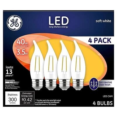 GE 92677 LED Bulb, Decorative, CA Lamp, 40 W Equivalent, E12 Lamp Base, Dimmable, Soft White Light, 2700 K Color Temp