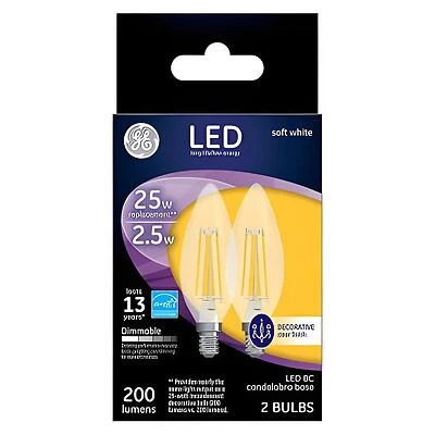 GE 22560 LED Bulb, Decorative, BC Lamp, 25 W Equivalent, E12 Lamp Base, Dimmable, Soft White Light, 2700 K Color Temp
