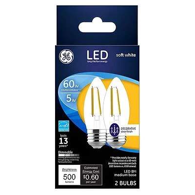 GE 93129349 Decorative LED Light Bulb, Blunt Tip, BM Lamp, 60 W Equivalent, E26/24 Medium Lamp Base, Yes, Clear