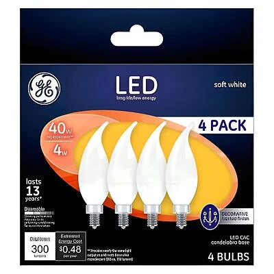 GE Industrial Solutions 37418 LED Bulb, Decorative, CAC Lamp, 40 W Equivalent, E12 Lamp Base, Dimmable, Frosted