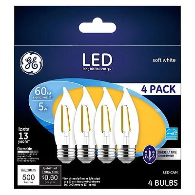 GE 93129342 Decorative LED Light Bulb, Bent Tip, CA11 Lamp, 60 W Equivalent, E26/24 Medium Lamp Base, Dimmable, Clear