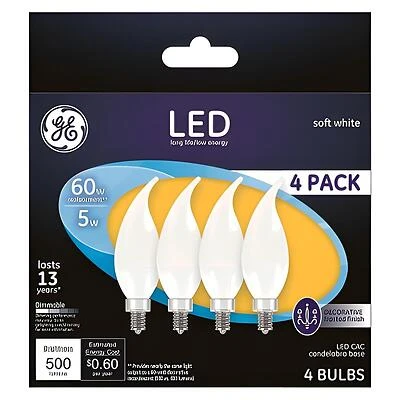 GE 93129350 LED Light Bulb, Bent Tip, CA11 Lamp, 60 W Equivalent, E12 Candelabra Lamp Base, Dimmable, Frosted