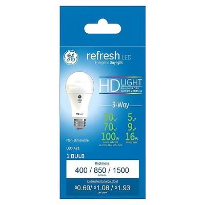 GE 93127691 Bulb, A19 Lamp, 30, 70, 100 W Equivalent, Medium E26/24 Lamp Base, No, Soft White, 5000 K Color Temp