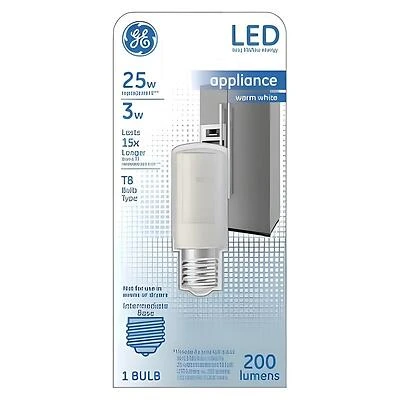 GE 93128998 LED Light Bulb, T8 Lamp, 25 W Equivalent, E17 Intermediate Lamp Base, Frosted, Warm White Light