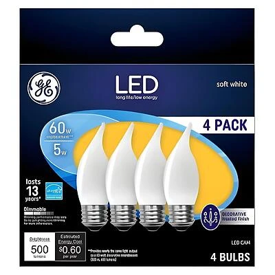 GE 93129351 LED Bulb, Flame Lamp, 60 W Equivalent, Medium Lamp Base, Dimmable, Frosted, Warm White Light