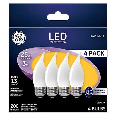 GE Industrial Solutions 37396 LED Bulb, Decorative, CAM Lamp, E26 Lamp Base, Dimmable, Frosted, Soft White Light