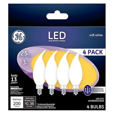 GE Industrial Solutions 37319 LED Bulb, Decorative, 200 Lumens, 3 W, CAC Lamp, E12 Lamp Base, Dimmable, Frosted