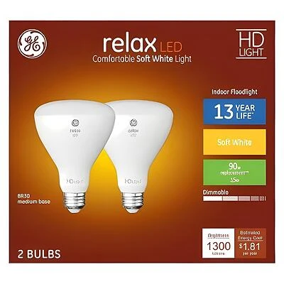 GE 93129076 Reflector LED Bulb, BR30 Lamp, 90 W Equivalent, E26/24 Medium Lamp Base, Dimmable, Soft White Light