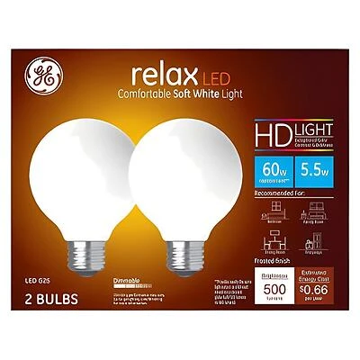GE Relax Series 31696 Replacement LED Light Bulb, G25 Lamp, 60 W Equivalent, E26 Medium Lamp Base, Dimmable, White