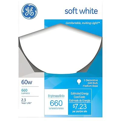 GE 49780 Light Bulb, 60 W, G40 Lamp, E26 Medium Lamp Base, 650 Lumens, 2600 K Color Temp, Soft White Light