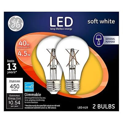 GE 37669 LED Bulb, General Purpose, A19 Lamp, 40 W Equivalent, E26 Lamp Base, Dimmable, Soft White Light