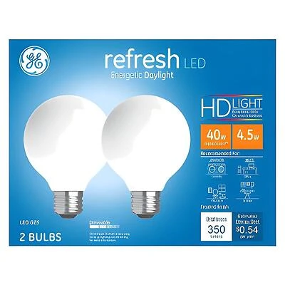 GE 47659 LED Bulb, Globe, 350 Lumens, 4.5 W, G25 Lamp, 40 W Equivalent, E26 Lamp Base, Dimmable, Daylight