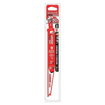 Diablo DS0909CGP3 Reciprocating Saw Blade, 1 in W, 9 in L, 6/9 TPI, Carbide Cutting Edge