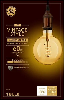 GE 36538 LED Vintage Light Bulb, G40, Amber, 60W Equiv, Medium Base