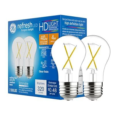 GE Refresh 31339 Replacement Bulb, A15 Lamp, 40 W Equivalent, Medium Lamp Base, Dimmable, Clear, Daylight