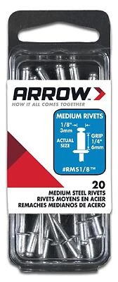 Arrow RMS1/8 Pop Rivet, Medium, 1/4 in Grip, 1/4 in L, Steel, 20/PK