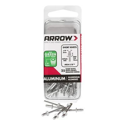 Arrow RSA1/8 Pop Rivet, Short, 1/8 in Grip, 1/8 in L, Aluminum, 25/PK