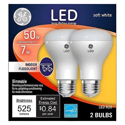 GE 93116048 Light Bulb, Directional, R20 Lamp, 50 W Equivalent, Medium Lamp Base, Dimmable, Clear, Soft White Light