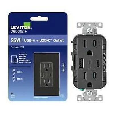 Leviton Black 15 A NEMA 5 Outlet with Dual USB‑A & USB‑C Ports